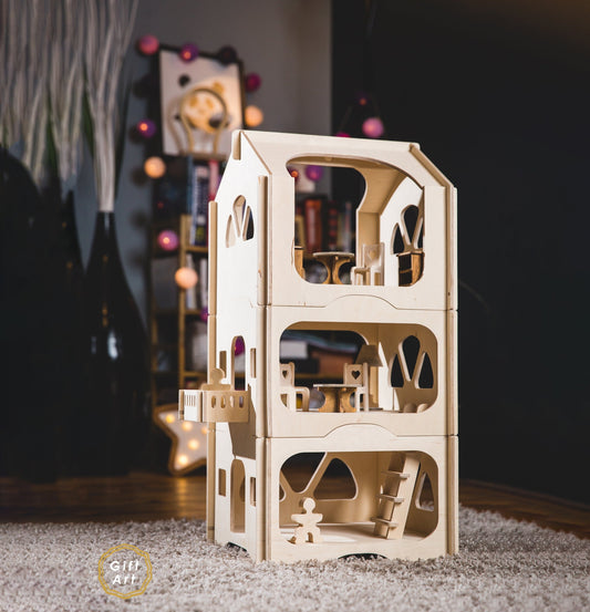 Natural eco wooden dollhouse three story - GIFTART