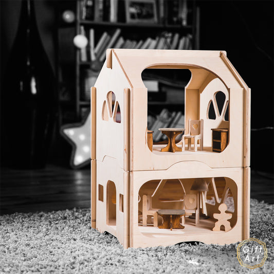 Natural eco wood dollhouse, 2 story - GIFTART