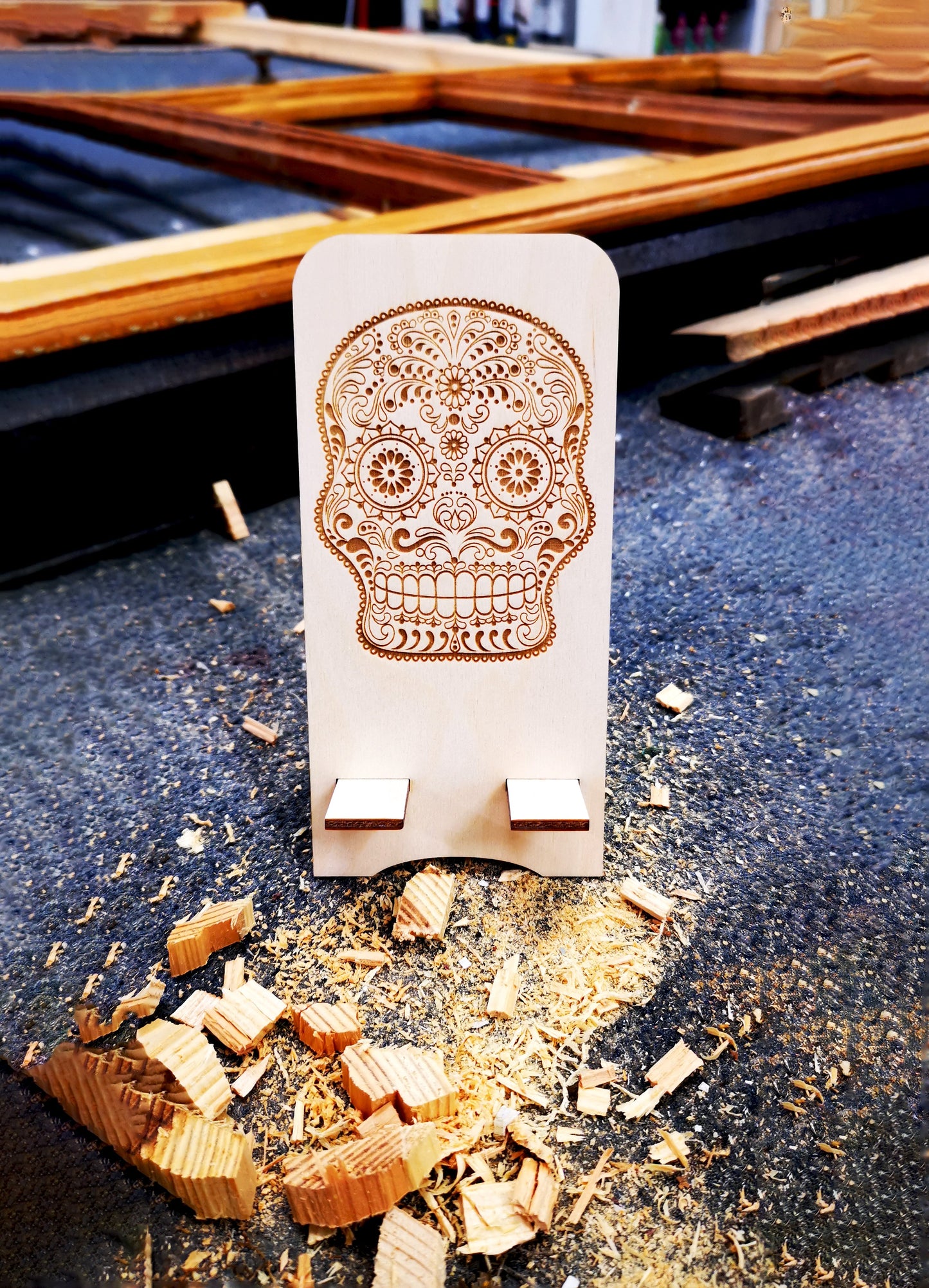 Sugar skull engraved wooden phone stand - GIFTART